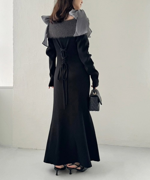 one after another NICE CLAUP ワンピース 肩リボンニットワンピース