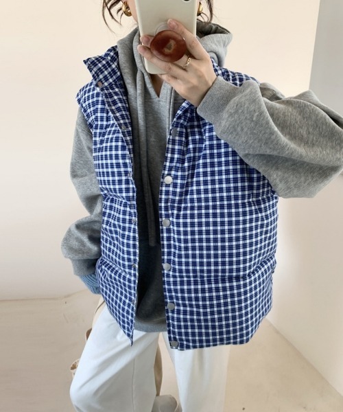 ダウンベスト ベスト チェック柄 スタンドカラー エコダウンベスト