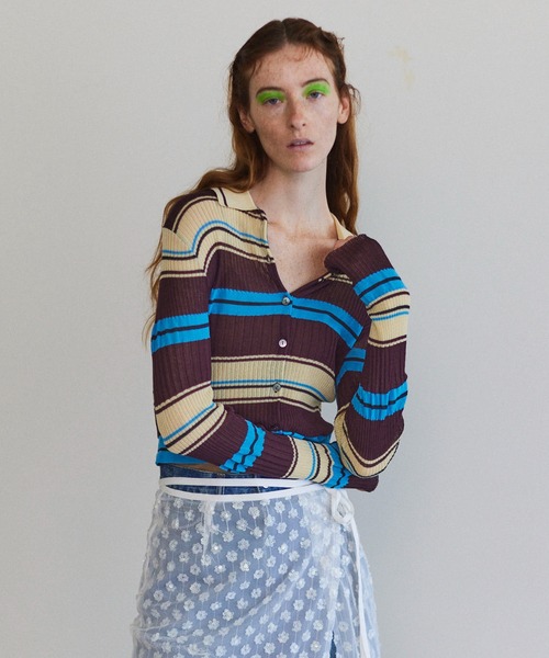 試着のみ美品✨ M.&KYOKO マルチボーダー カーディガン モヘヤ フリー