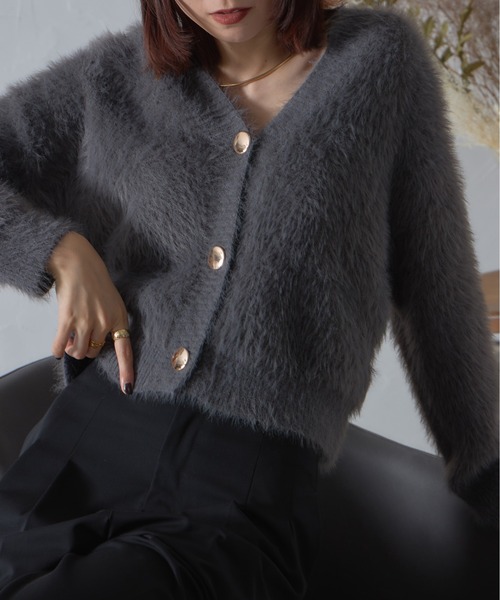 each alchemist カーディガン ロングシャギー金ボタンショート丈