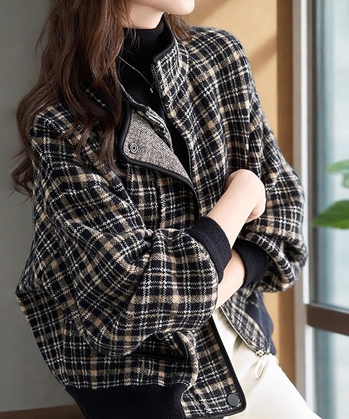 ブルゾン アウター チェック柄ジップアップジャケット レディース