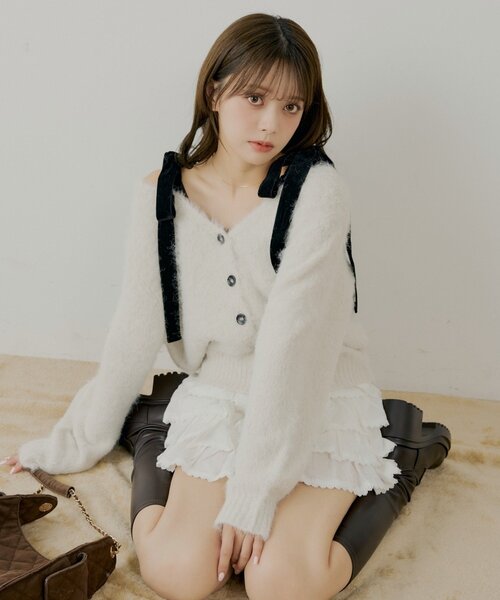 Chico（チコ） カーディガン 「ブローチ取外し可」ベロアリボンルーズ