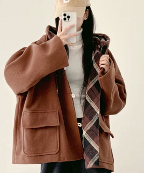 ダッフルコート コート チェック柄切替 オーバーサイズ レディース