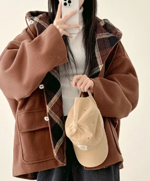 ダッフルコート コート チェック柄切替 オーバーサイズ レディース
