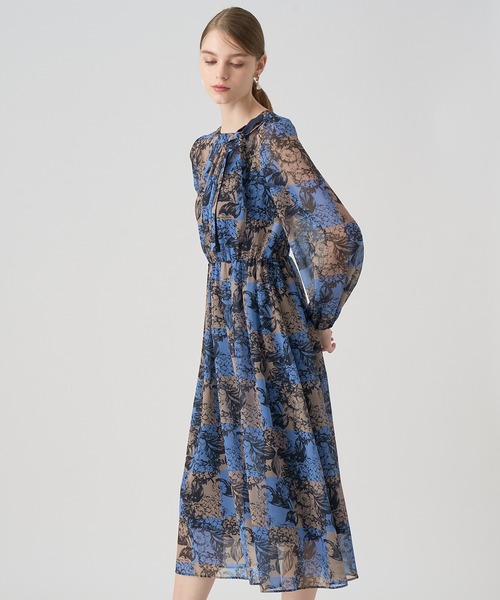 ANAYI（アナイ） ワンピース チェックフラワープリントタイ付き