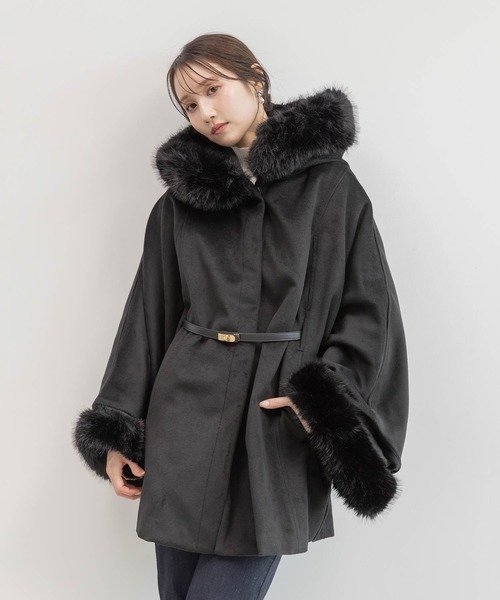 RANDA（ランダ） ポンチョ 2WAY ファー付きミドルケープコート