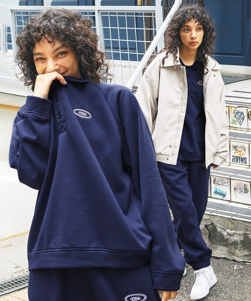 トレーナー スウェット 「 セットアップ 」ロゴ刺繍襟付きスウェット+