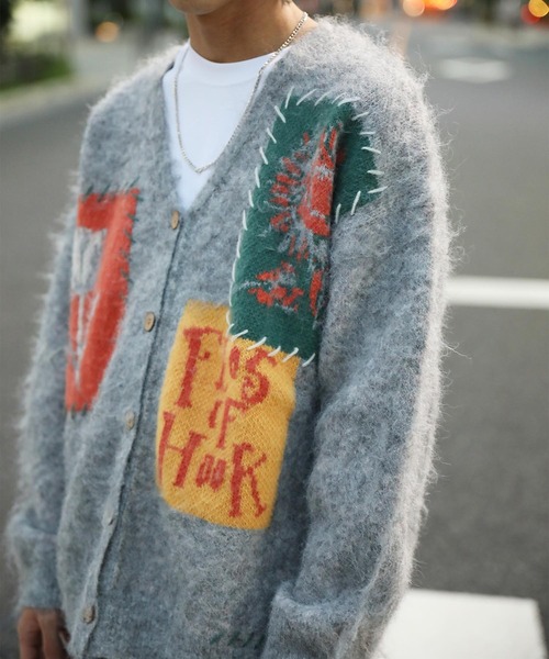 カーディガン HOOK -original- 絵画パッチワーク風長起毛カーディガン