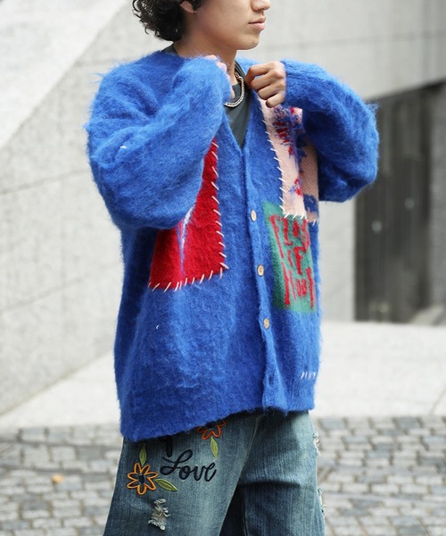 カーディガン HOOK -original- 絵画パッチワーク風長起毛カーディガン