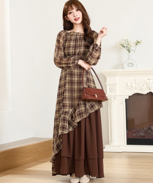 Anely ワンピース チェック柄 アシンメトリー 配色 ティアード