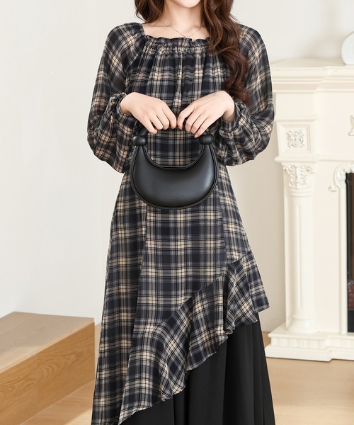 Anely ワンピース チェック柄 アシンメトリー 配色 ティアード