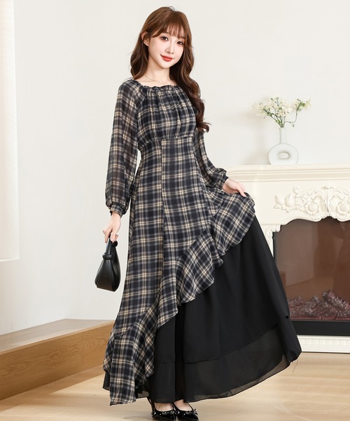 Anely ワンピース チェック柄 アシンメトリー 配色 ティアード