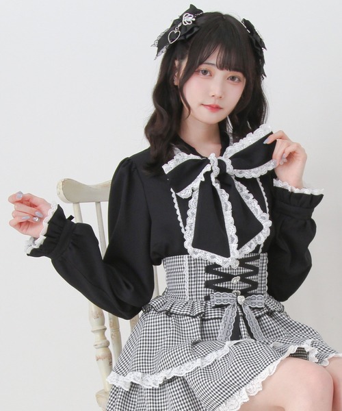 DearMyLove ブラウス シャツ レースフリルたっぷり上品ボウタイリボン