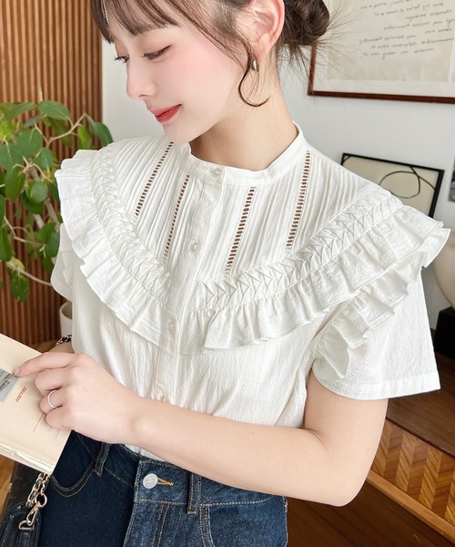 moment+ ブラウス シャツ コットンワッシャー半袖フリルピンタック