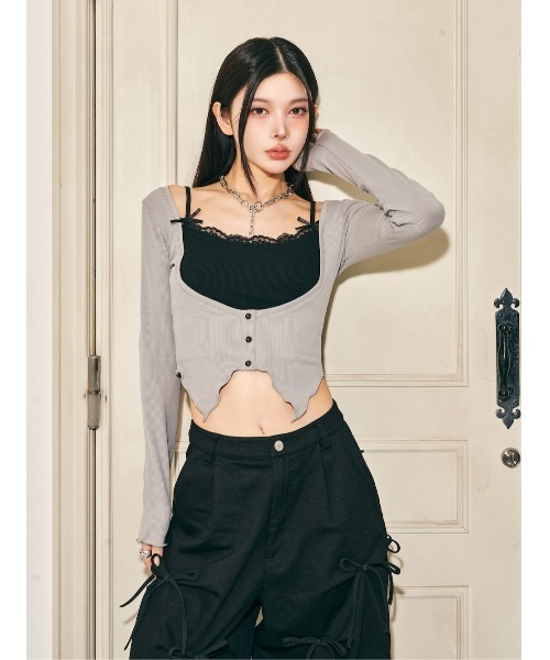 Darich（ダーリッチ） リボンレースレイヤードリブトップス レディース