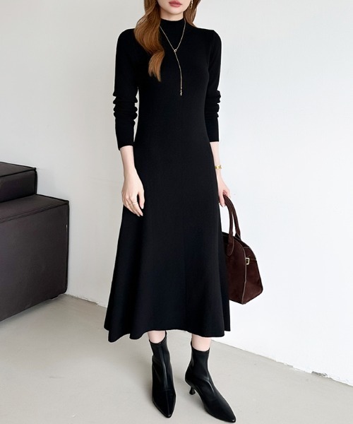 COCOMOMO ワンピース ハイネックフレアニットワンピース きれいめ