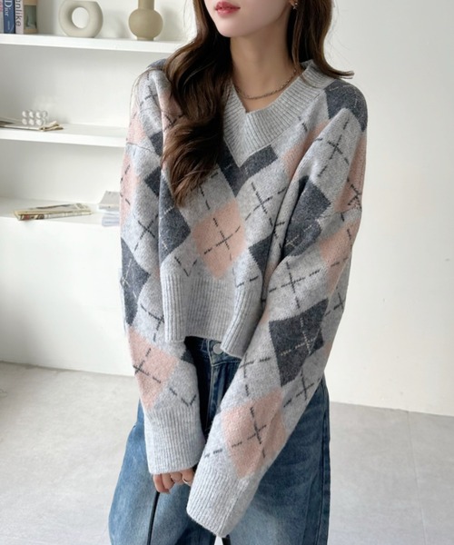 ニット セーター Vネック アーガイル柄 ショート丈 レディース