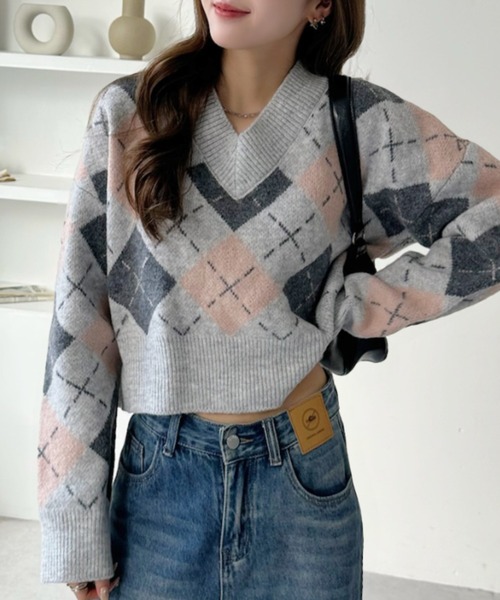 ニット セーター Vネック アーガイル柄 ショート丈 レディース