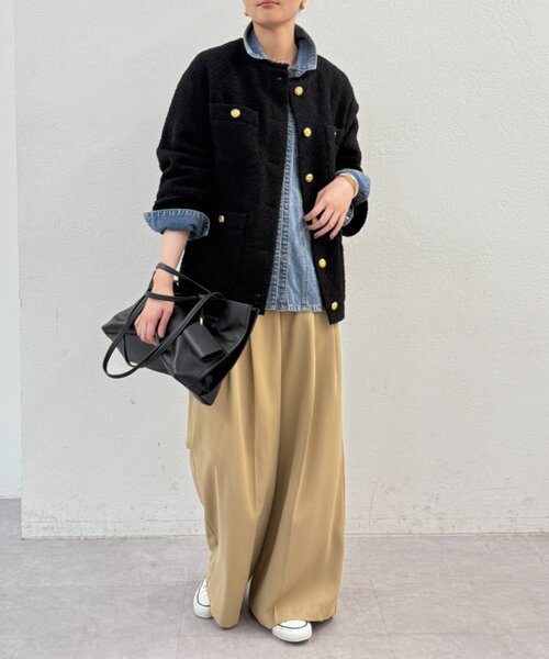 ラウンジドレス 金ボタン ノーカラー ツイードジャケット 黒 ブラック