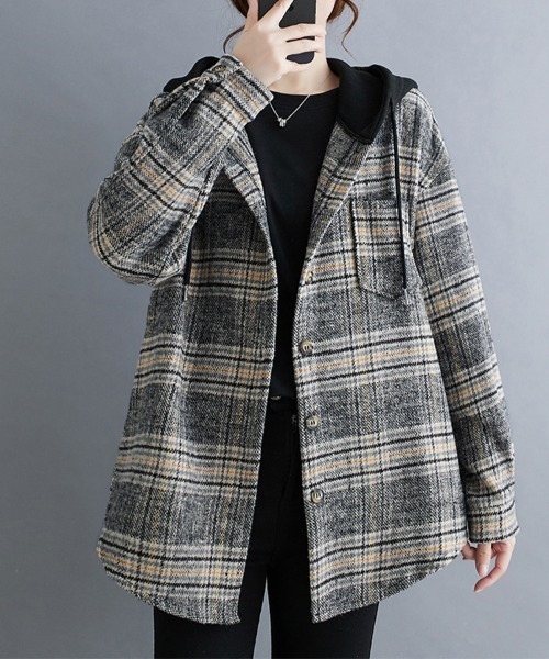 カバーオール フード付きチェック柄シャツジャケット レディース
