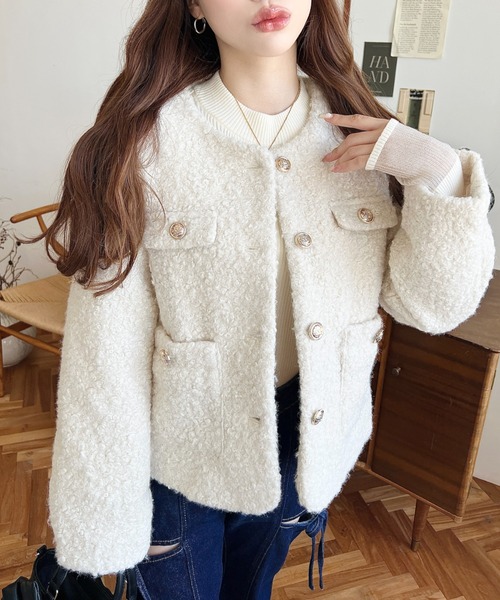 moment+ ジャケット ノーカラージャケット フェイクリングウール金