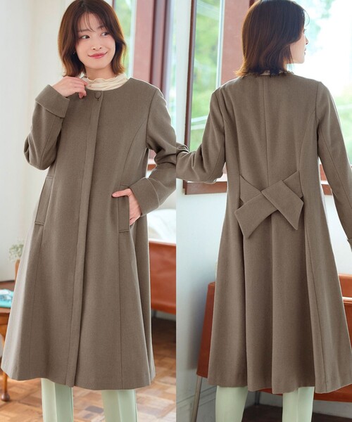 Tiaclasse ノーカラーコート コート ノーカラーバックリボンウール