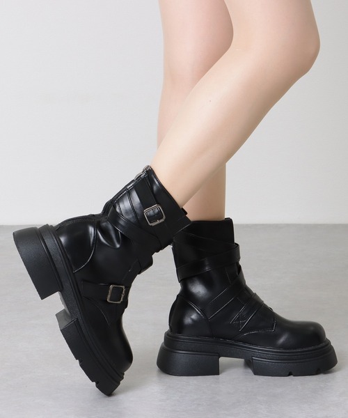 Lace Ladies（レースレディース） ブーツ レザー調 クロス ベルト 厚底