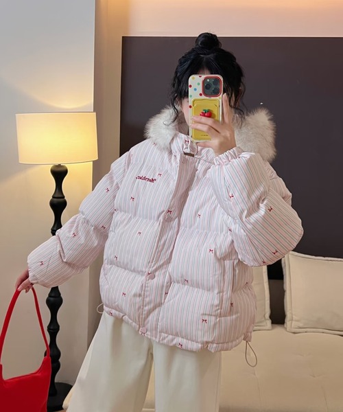 DIAVEL tシャツ ふわもこリボン柄ビッグファーダウン/Y2Kビッグファー