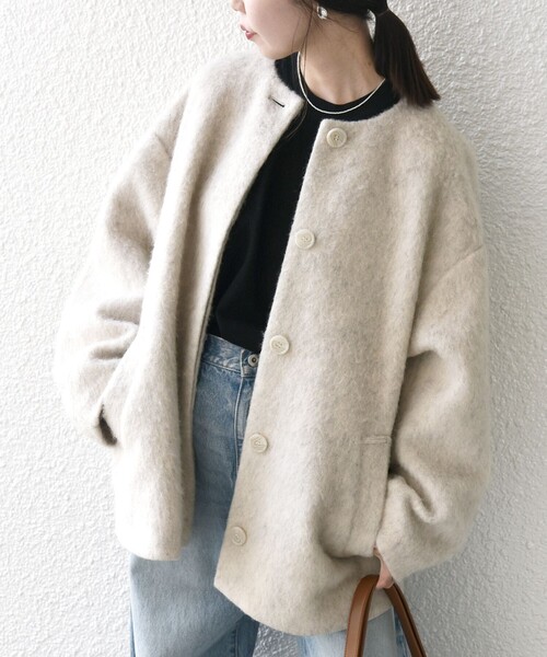 SHIPS any ノーカラーコート コート any: シャギー ノーカラー