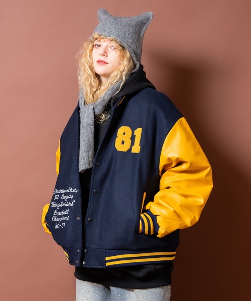 スタジャン a.p.o.v. チェーンステッチ刺繍サガラワッペンウール＆合成