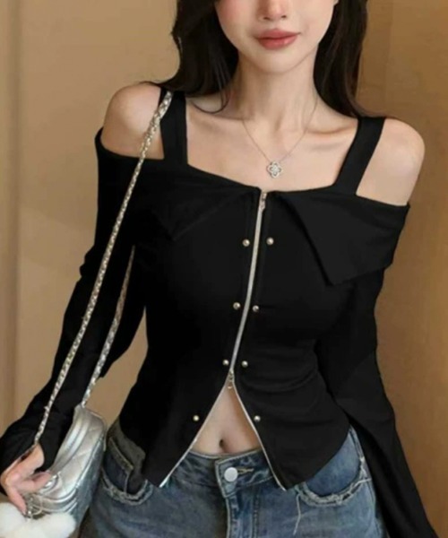 NANAHACHI tシャツ 肩紐付きオフショルダーダブルジップトップス