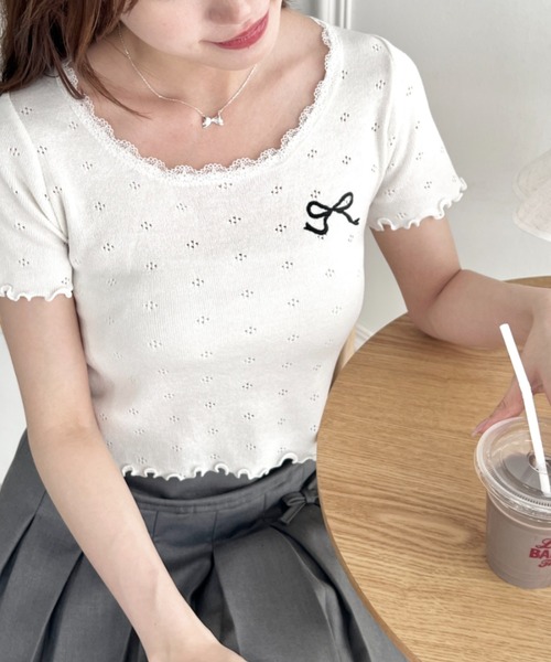 Loueme tシャツ リボン刺繍レーストリムトップス レディース