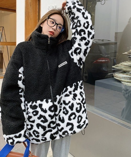 DIAVEL ブルゾン アウター ボア×レオパード切替スタンドカラー