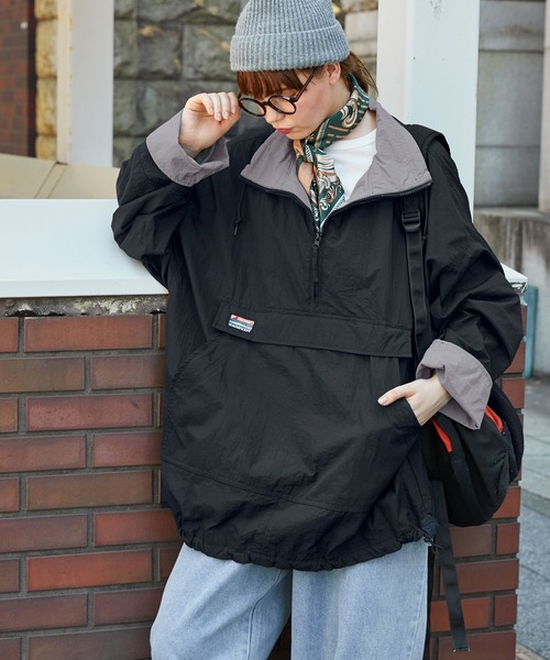 ブルゾン アウター ナイロン配色ハーフジップアノラックプルオーバー