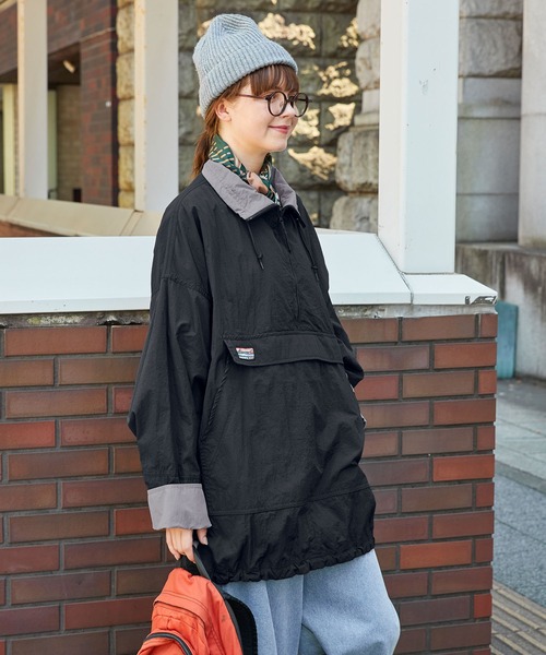 ブルゾン アウター ナイロン配色ハーフジップアノラックプルオーバー