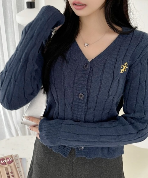 カーディガン 秋 も大活躍 ケーブル編み Vネック 韓国ファッション