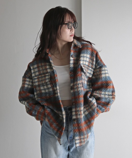 コート アウター ウール混シャギーチェックシャツジャケット