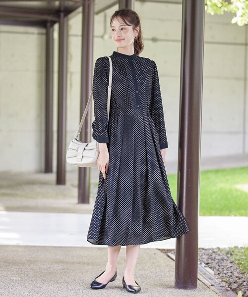 Tiaclasse シャツワンピース 配色バンドカラー幾何学柄ワンピース