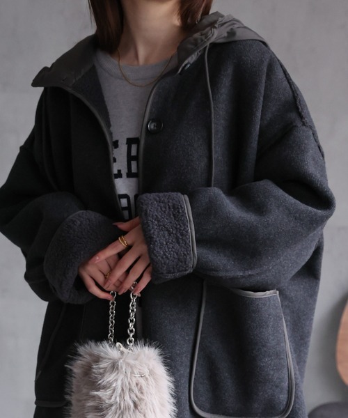 CREARE -LINO- コート アウター フェイクウールフード付きボアロング