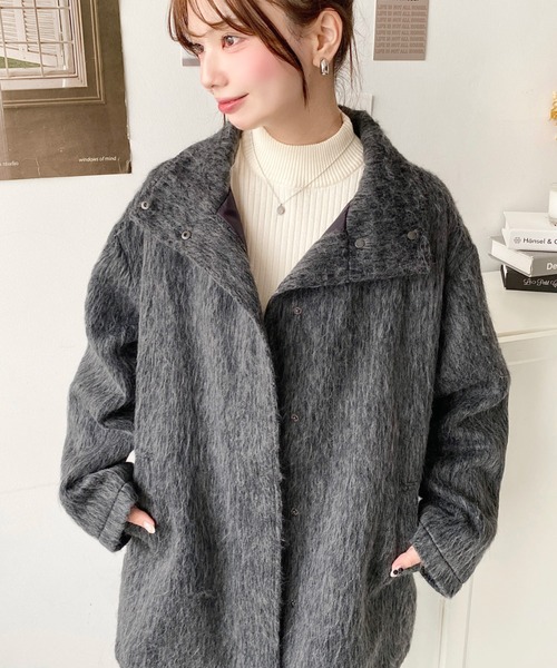 moment+ コート アウター スタンドカラーメランジシャギーコート