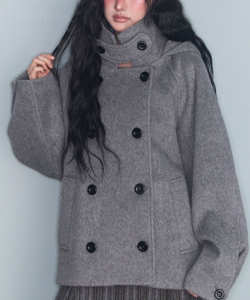 FAVORITO ピーコート pコート フード付きダブルブレストメルトン