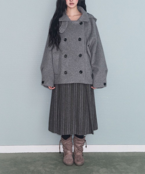 FAVORITO ピーコート pコート フード付きダブルブレストメルトン