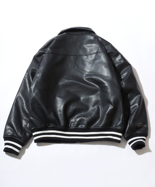 スタジャン グランジテイストなトライバルロゴ刺繍 フェイクレザー