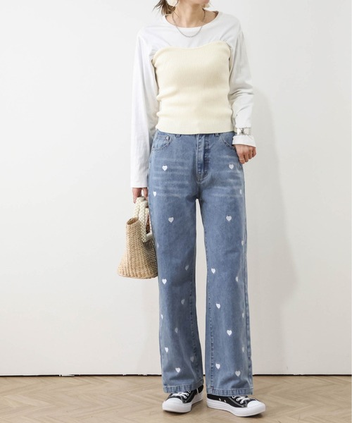 ジーンズ デニム デニムパンツ ハート刺繍ストレートデニム レディース