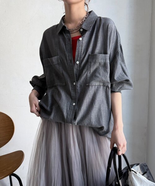 DouDou（ドゥドゥ） ブラウス シャツ 袖リブシアーデニムシャツ