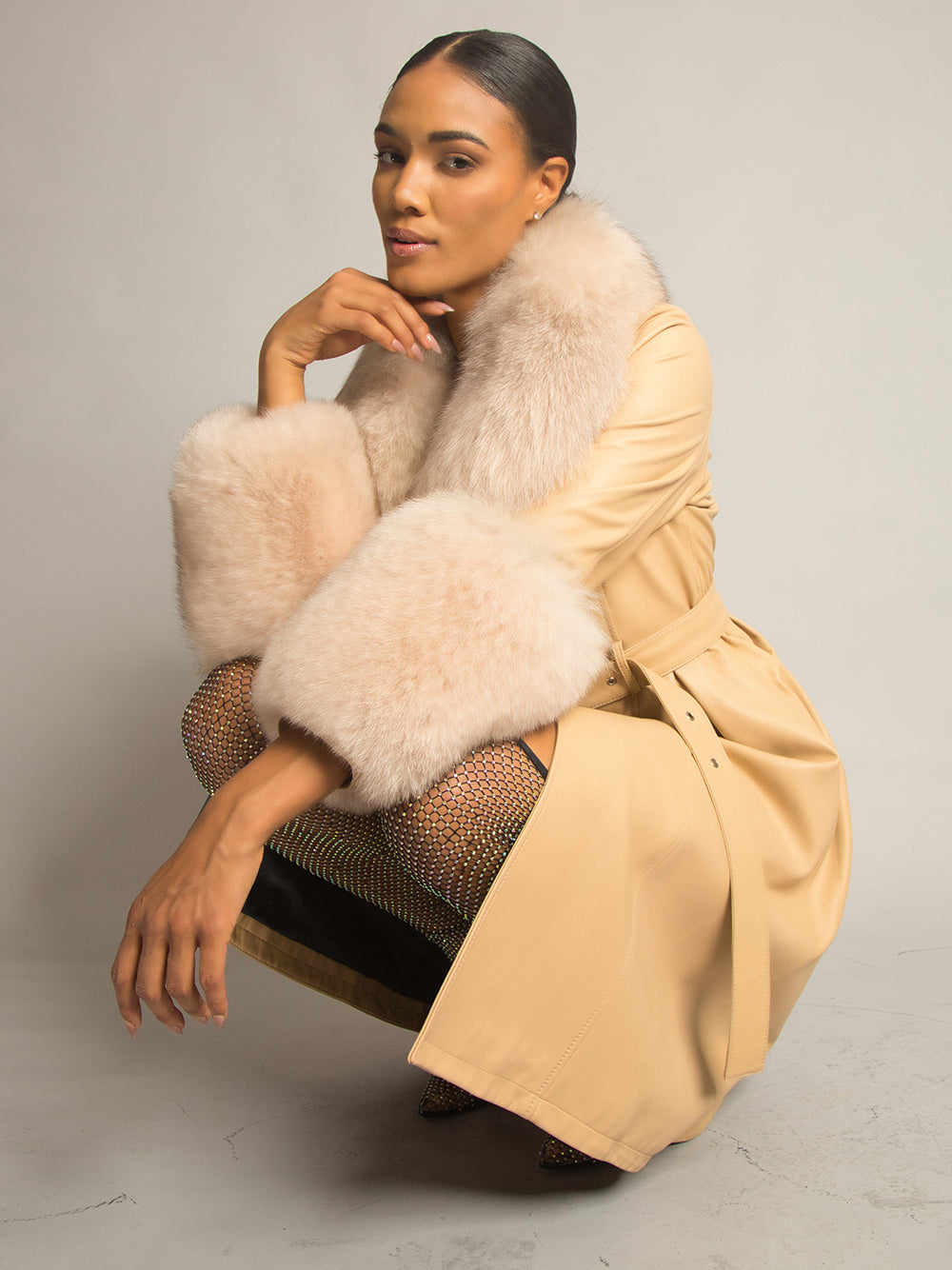 Foxy Leather Coat w/ Fox Fur In Tan -..-. ZCRAVE™ OFFICIAL ONLINE