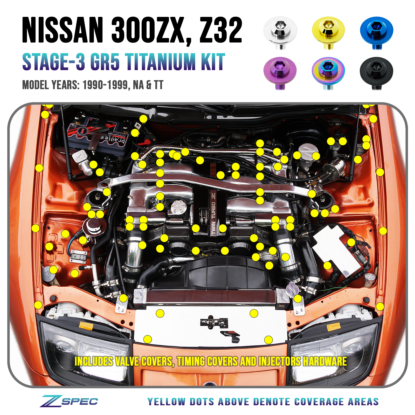 ZSPEC Stage-3 Dress Up Bolts® Hardware Kit, Nissan 300zx Z32, Titanium