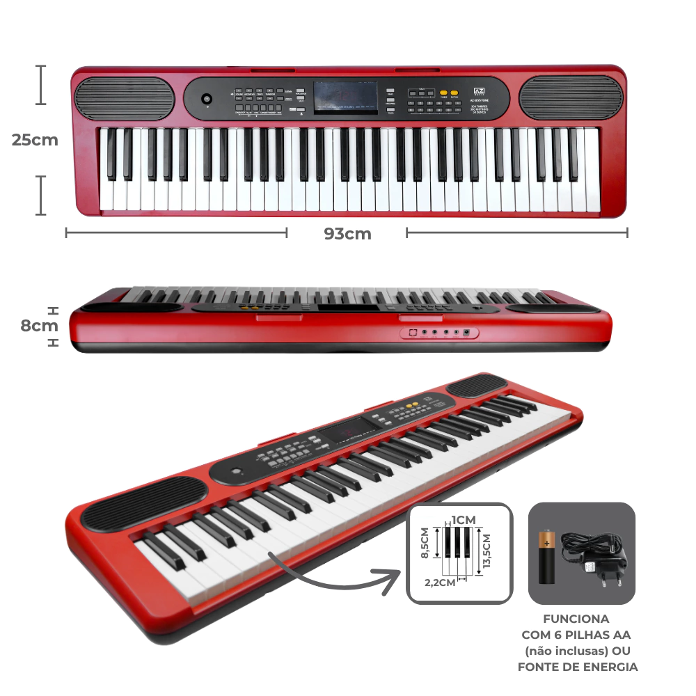 Teclado Musical 61 Teclas AZ KEYS TONE KT61 Vermelho com Fonte Bivolt