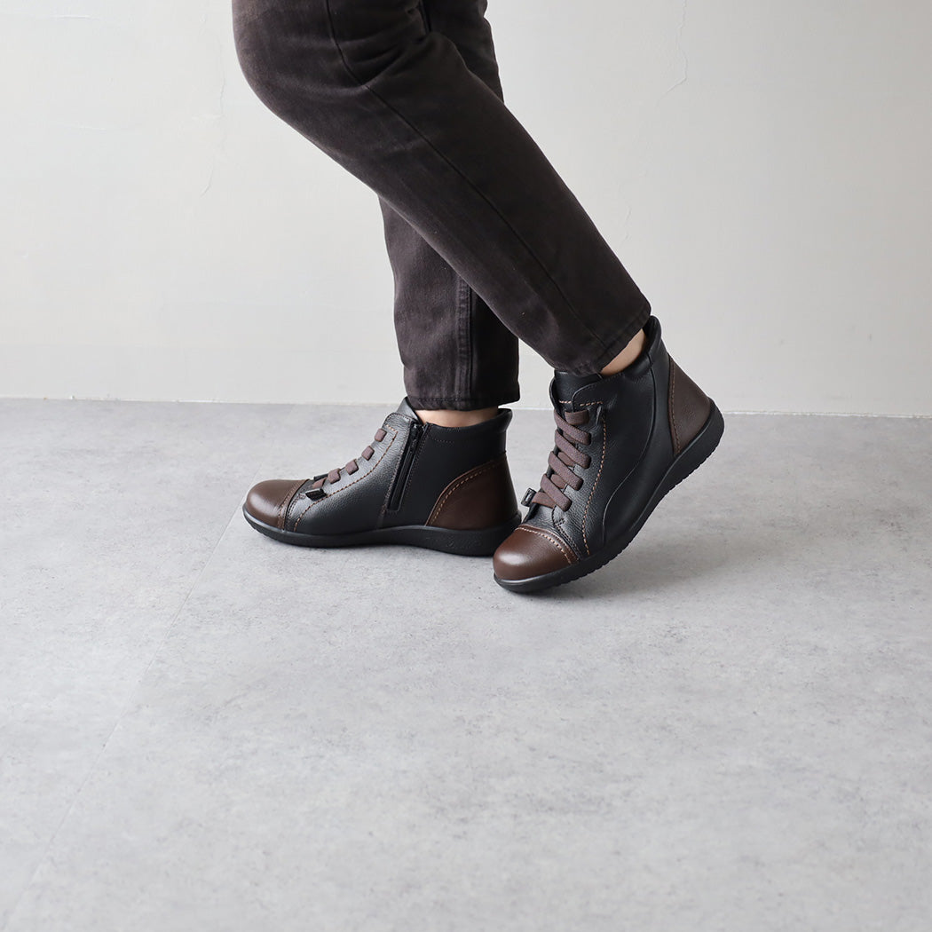 アキレス・ソルボ C 535 黒/コーヒー｜牛革3Eゴム紐ショートブーツ｜撥水