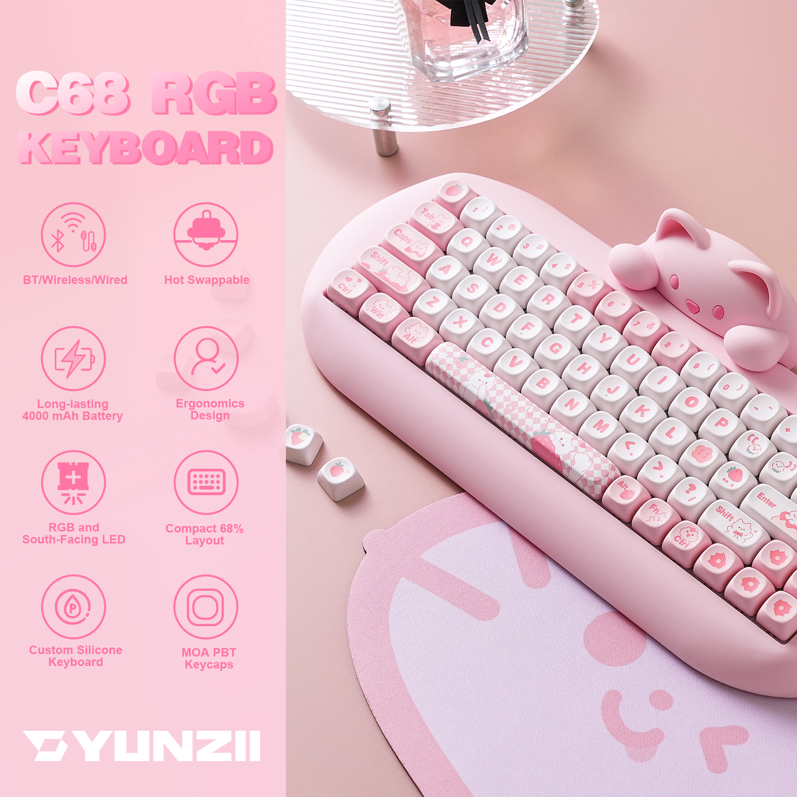 YUNZII C68 ピンク 65% Hi-Fi かわいい猫シリコーンホットスワップ